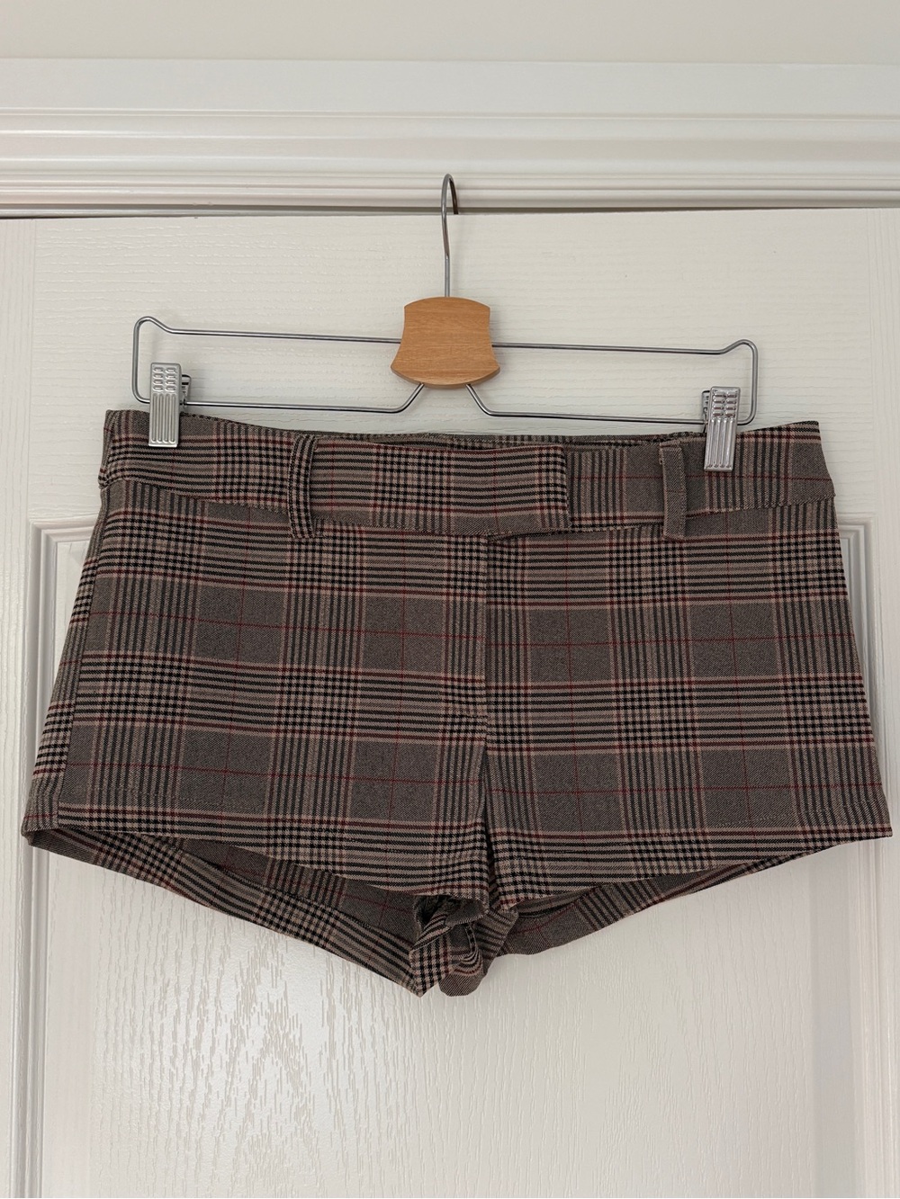superdown Plaid Low Rise Shorts in Brown and Red